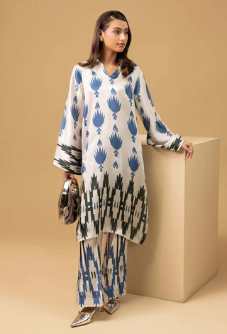 Adan Libas Shamoz Silk 2 Pc Printed Collection -Creme Blue Set