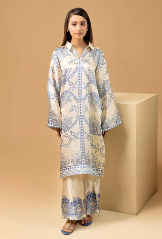 Adan Libas Shamoz Silk 2 Pc Printed Collection -Ivory Blue Set