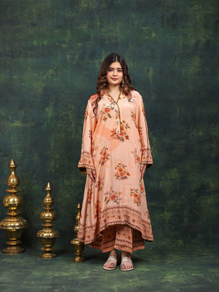Digital Crepe 2 Pc Collection (Shirt Bottom)-Stitched-Peach Orange Set