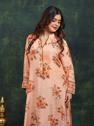 Digital Crepe 2 Pc Collection (Shirt Bottom)-Stitched-Peach Orange Set