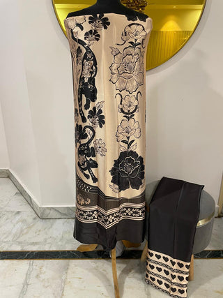 Siron C Designed Printed Satin Silk Co-od Set Collection -Off white Black Multi Set