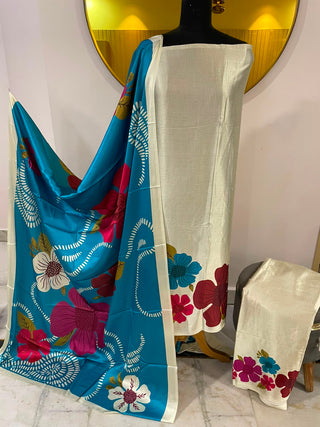 Siron C Satin Silk Printed Suit Collection -Off White Blue Suit