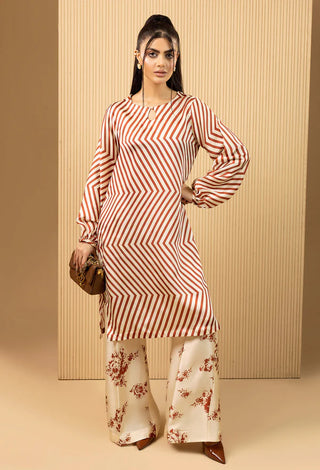 Adan Libas Shamoz Silk 2 Pc Printed Collection -Creme Brown Set