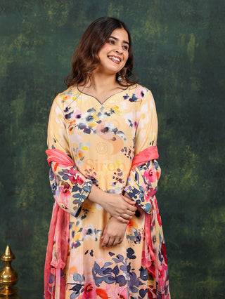 Kaleidoscopic Yellow Crepe Suit- Digitally Printed -Stitched