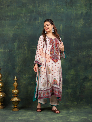 White Burgundy Crepe Suit- Digitally Printed -Stitched
