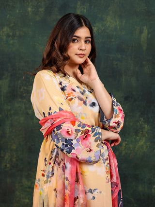 Kaleidoscopic Yellow Crepe Suit- Digitally Printed -Stitched