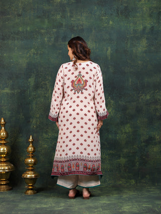 White Burgundy Crepe Suit- Digitally Printed -Stitched