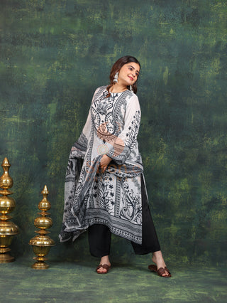 Designer Crepe Suit-White Digitally Printed -Stitched