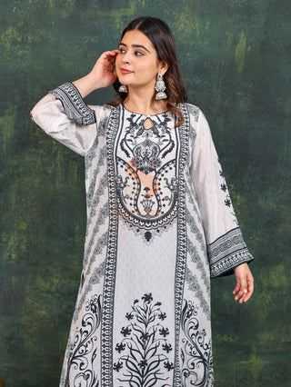Designer Crepe Suit-White Digitally Printed -Stitched