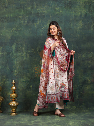 White Burgundy Crepe Suit- Digitally Printed -Stitched