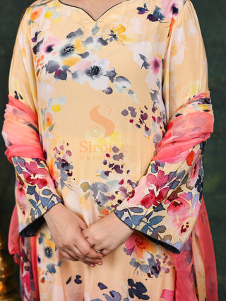 Kaleidoscopic Yellow Crepe Suit- Digitally Printed -Stitched