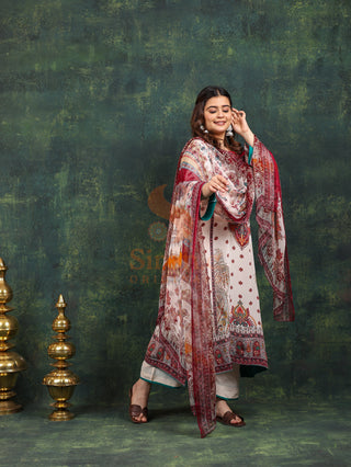 White Burgundy Crepe Suit- Digitally Printed -Stitched