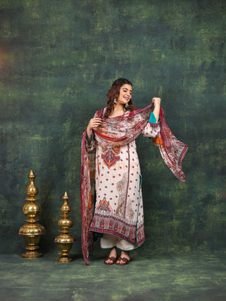 White Burgundy Crepe Suit- Digitally Printed -Stitched