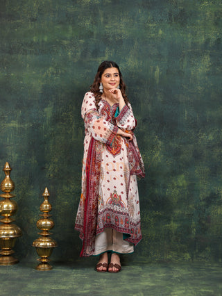 White Burgundy Crepe Suit- Digitally Printed -Stitched