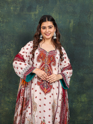 White Burgundy Crepe Suit- Digitally Printed -Stitched