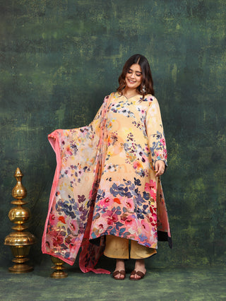 Kaleidoscopic Yellow Crepe Suit- Digitally Printed -Stitched