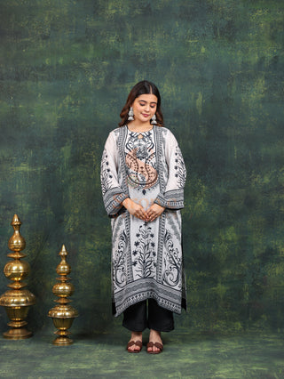 Designer Crepe Suit-White Digitally Printed -Stitched
