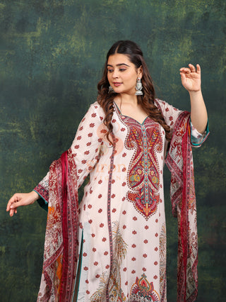 White Burgundy Crepe Suit- Digitally Printed -Stitched