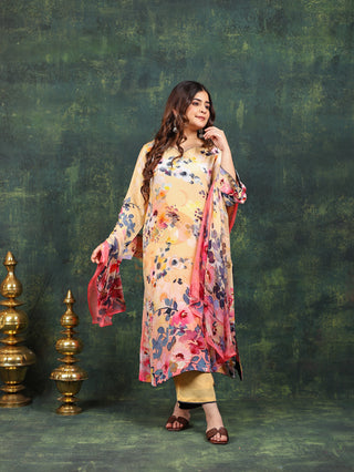 Kaleidoscopic Yellow Crepe Suit- Digitally Printed -Stitched