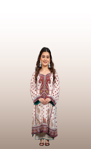 White Burgundy Crepe Suit- Digitally Printed -Stitched