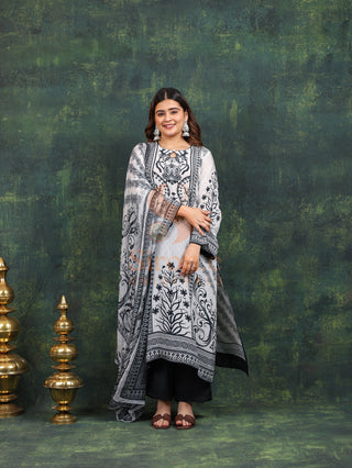 Designer Crepe Suit-White Digitally Printed -Stitched