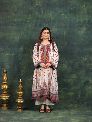 White Burgundy Crepe Suit- Digitally Printed -Stitched