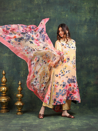 Kaleidoscopic Yellow Crepe Suit- Digitally Printed -Stitched
