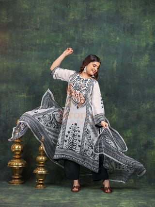 Designer Crepe Suit-White Digitally Printed -Stitched