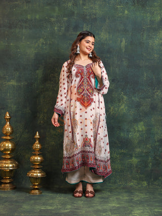 White Burgundy Crepe Suit- Digitally Printed -Stitched
