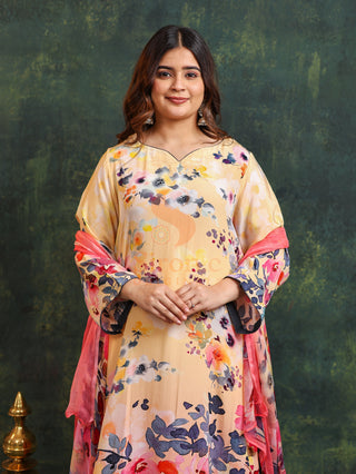 Kaleidoscopic Yellow Crepe Suit- Digitally Printed -Stitched