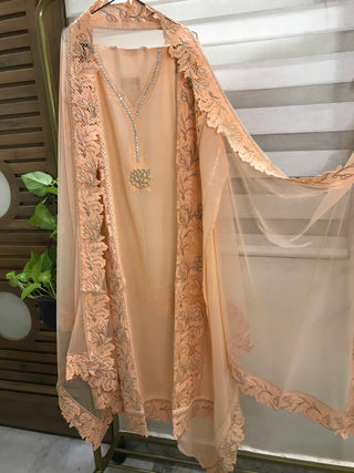 Siron c Designer Dubai Georgette Cutwork Collection- Peach Suit