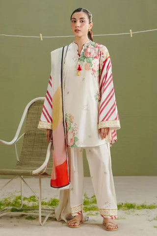 Coco Lawn Prints by Zara Shahjahan- Creme Red Suit