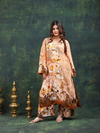Digital Crepe 2 Pc Collection (Shirt Bottom)-Stitched-Earthy Brown Set