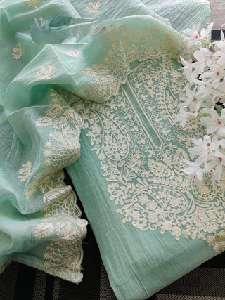 Siron C Mal Chanderi Applique Embroidery Suit Set- Sea Green
