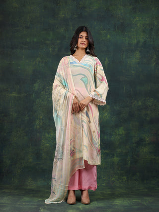Pastel Swirl Crepe Suit in Pink and Aqua- Stitched