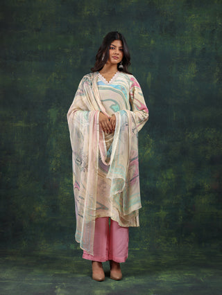 Pastel Swirl Crepe Suit in Pink and Aqua- Stitched