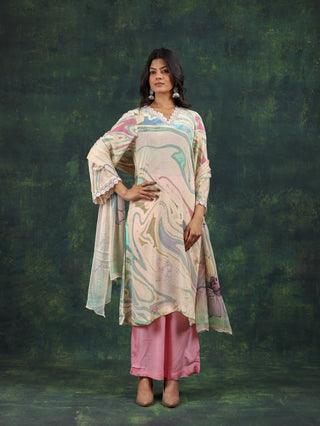 Pastel Swirl Crepe Suit in Pink and Aqua- Stitched