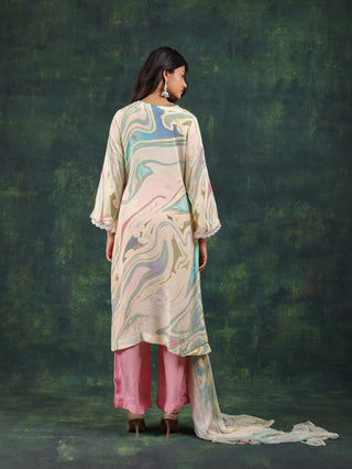 Pastel Swirl Crepe Suit in Pink and Aqua- Stitched