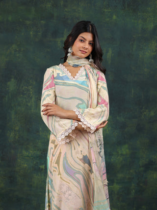Pastel Swirl Crepe Suit in Pink and Aqua- Stitched
