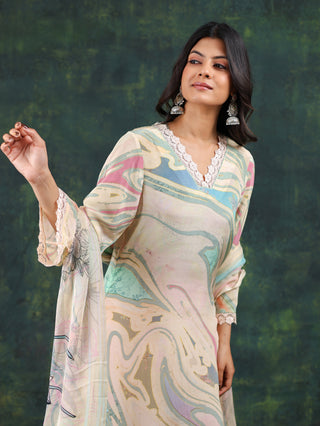 Pastel Swirl Crepe Suit in Pink and Aqua- Stitched