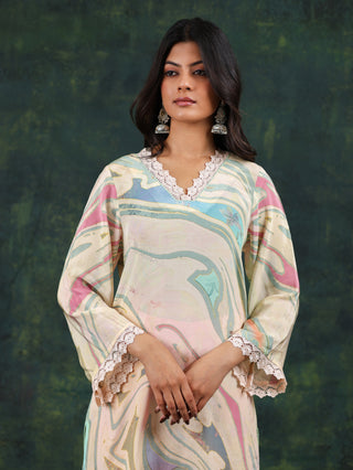 Pastel Swirl Crepe Suit in Pink and Aqua- Stitched