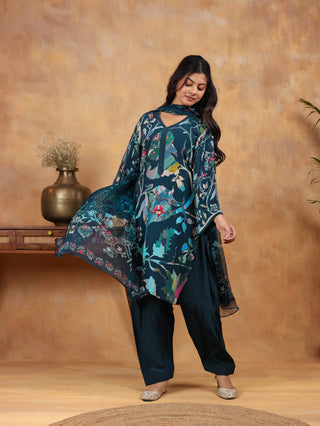 Ethereal Ferozi Crepe Suit in Blue- Stitched