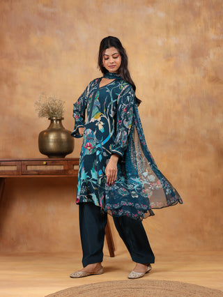 Ethereal Ferozi Crepe Suit in Blue- Stitched