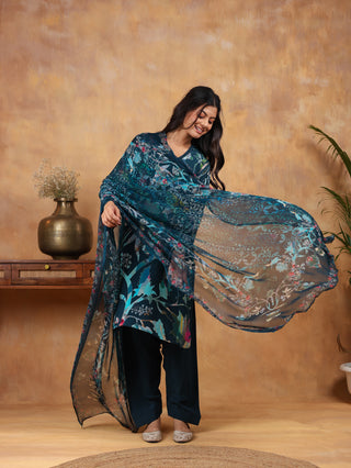 Ethereal Ferozi Crepe Suit in Blue- Stitched