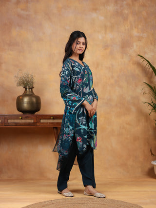 Ethereal Ferozi Crepe Suit in Blue- Stitched