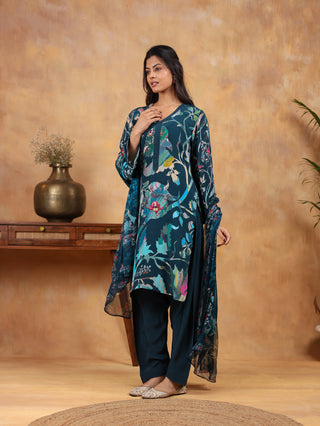 Ethereal Ferozi Crepe Suit in Blue- Stitched