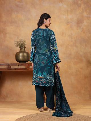 Ethereal Ferozi Crepe Suit in Blue- Stitched