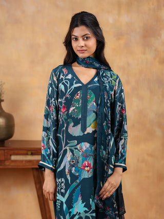 Ethereal Ferozi Crepe Suit in Blue- Stitched