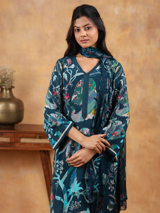 Ethereal Ferozi Crepe Suit in Blue- Stitched