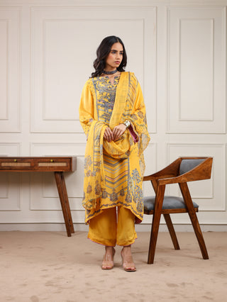 Sunshine Yellow Crepe Suit - Stitched - Yellow Grey Suit
